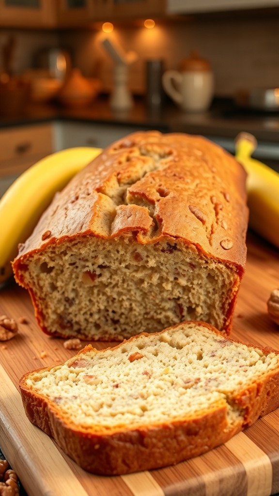 A loaf of moist banana bread with a slice cut out, surrounded by ripe bananas and walnuts on a wooden board.